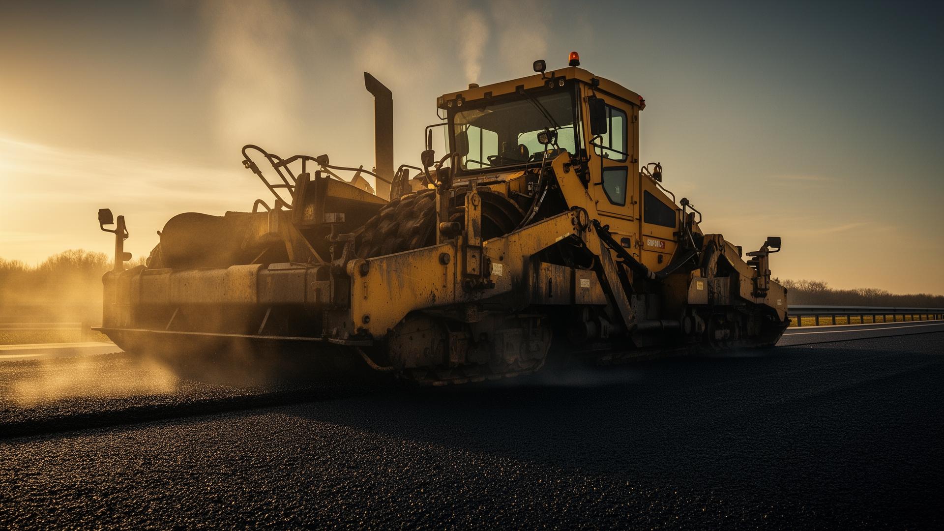 Heavy asphalt paving machinery laying fresh road at sunset