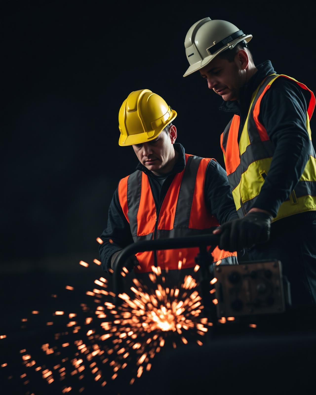 Construction workers operating paving equipment